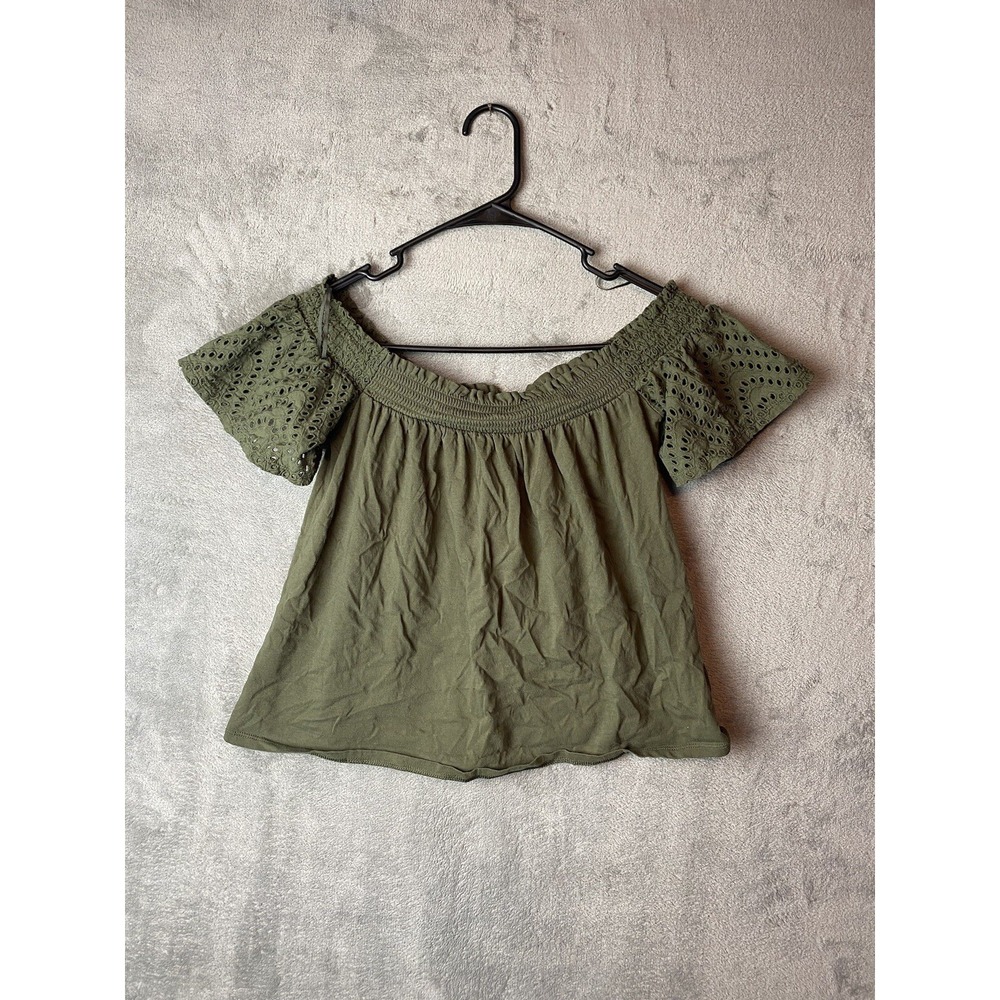 Express One Eleven Women Medium Olive Green Eyelet Sleeve Smocked Off Shoulder
